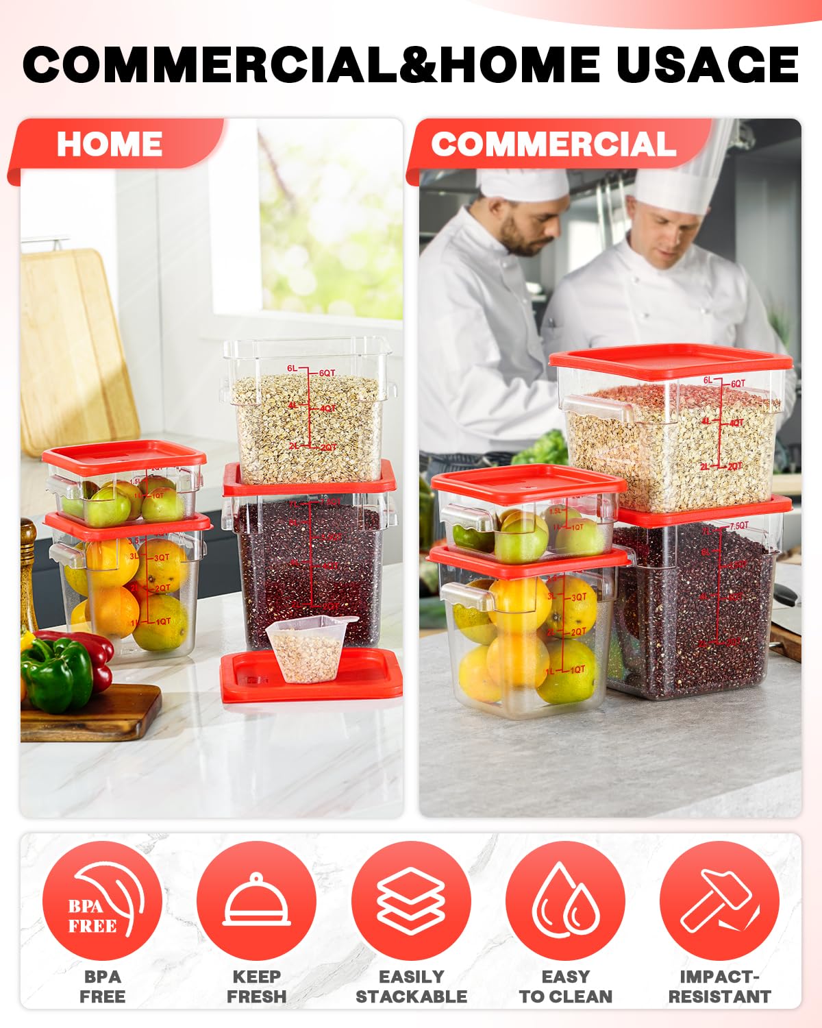 4QT NSF Food Storage Containers: 8 PCS [Food Grade][Hot&Cold Resistant] Commercial Clear Food Storage Containers with Lids for Restaurant Kitchen Proof Dough, Measuring Spoons Included(BPA FREE)