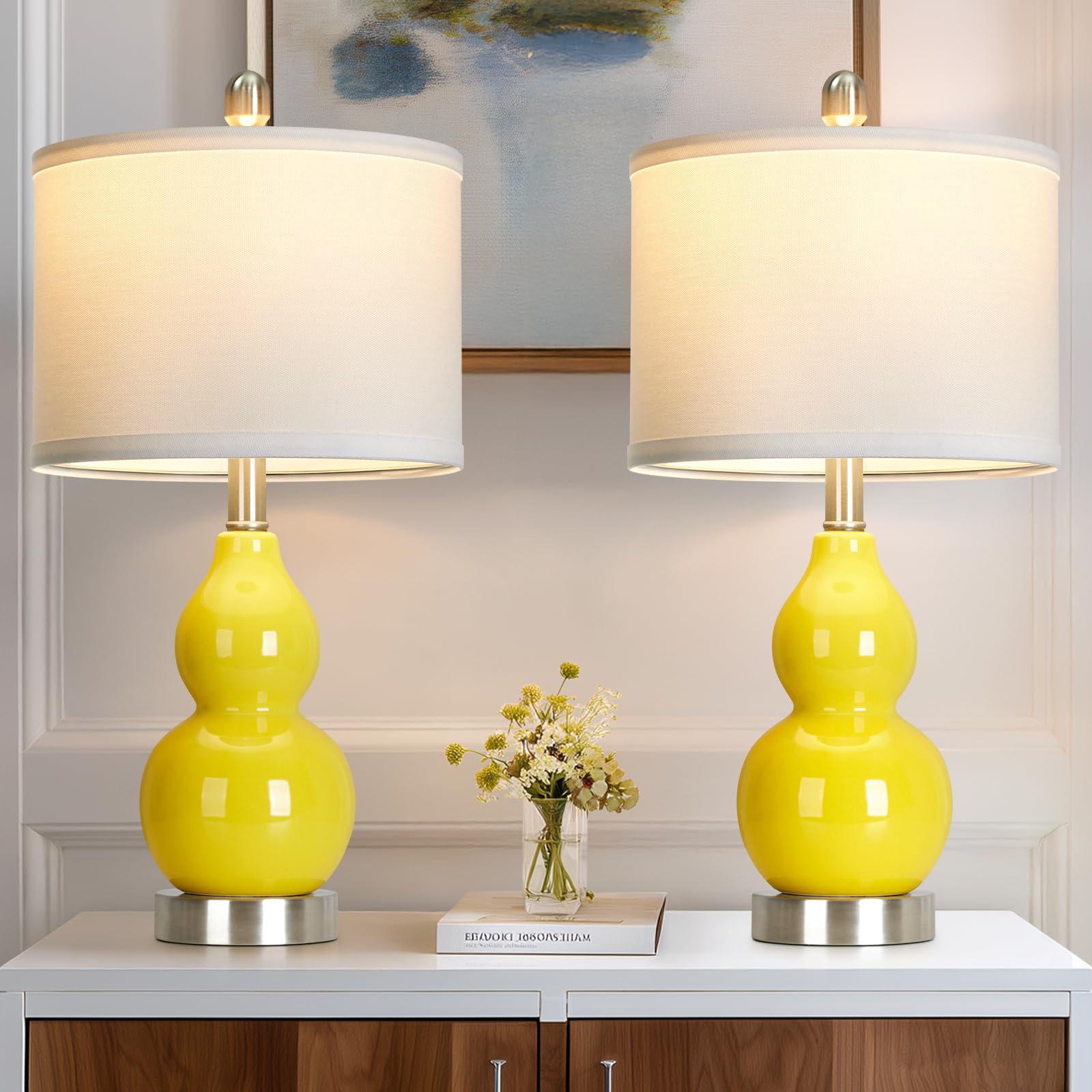 Rinweey Double Gourd Ceramic Table Lamps Set of 2, Modern Blue Bedside Lamps for Night Stand, Contemporary Nightstand Lamps for Bedroom Living Room (Bulb Included)