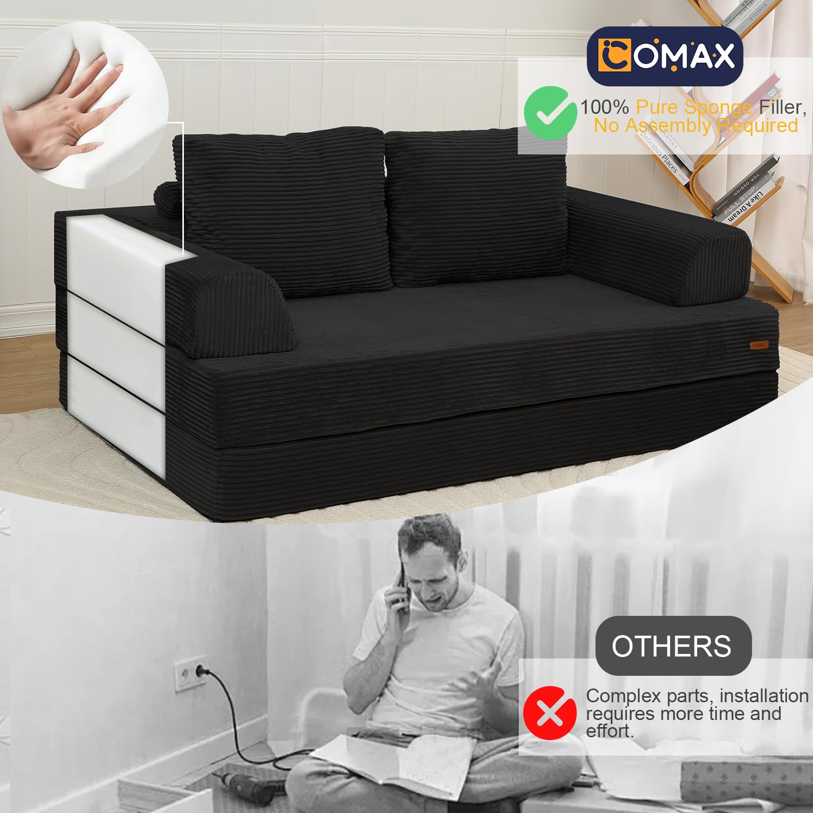 COMAX Futon Sofa Bed, 4‑in‑1 Convertible Sofa Bed, Folding Boneless Couches | Boneless Couch for living room, Fold Out Small Foldable Loveseat Floor Sleeper Mattress Lounge Space‑Saving, Ash Gray