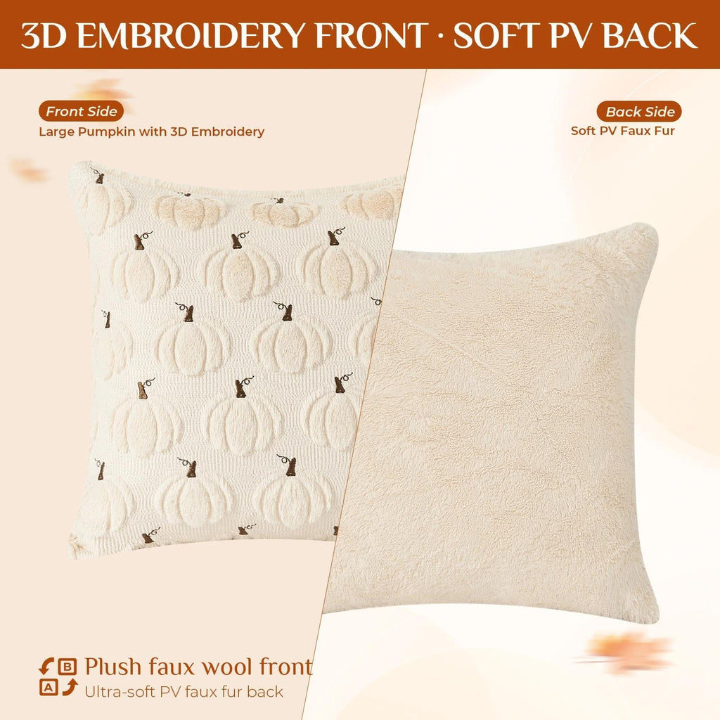 Fall Beige Pillow Covers 18x18 Set of 2 Double-Sided Pumpkin Plush | Boho farmhouse comfort with raised Autumn pumpkin embroidery, designed for living rooms, sofas, and cozy fall home decor.