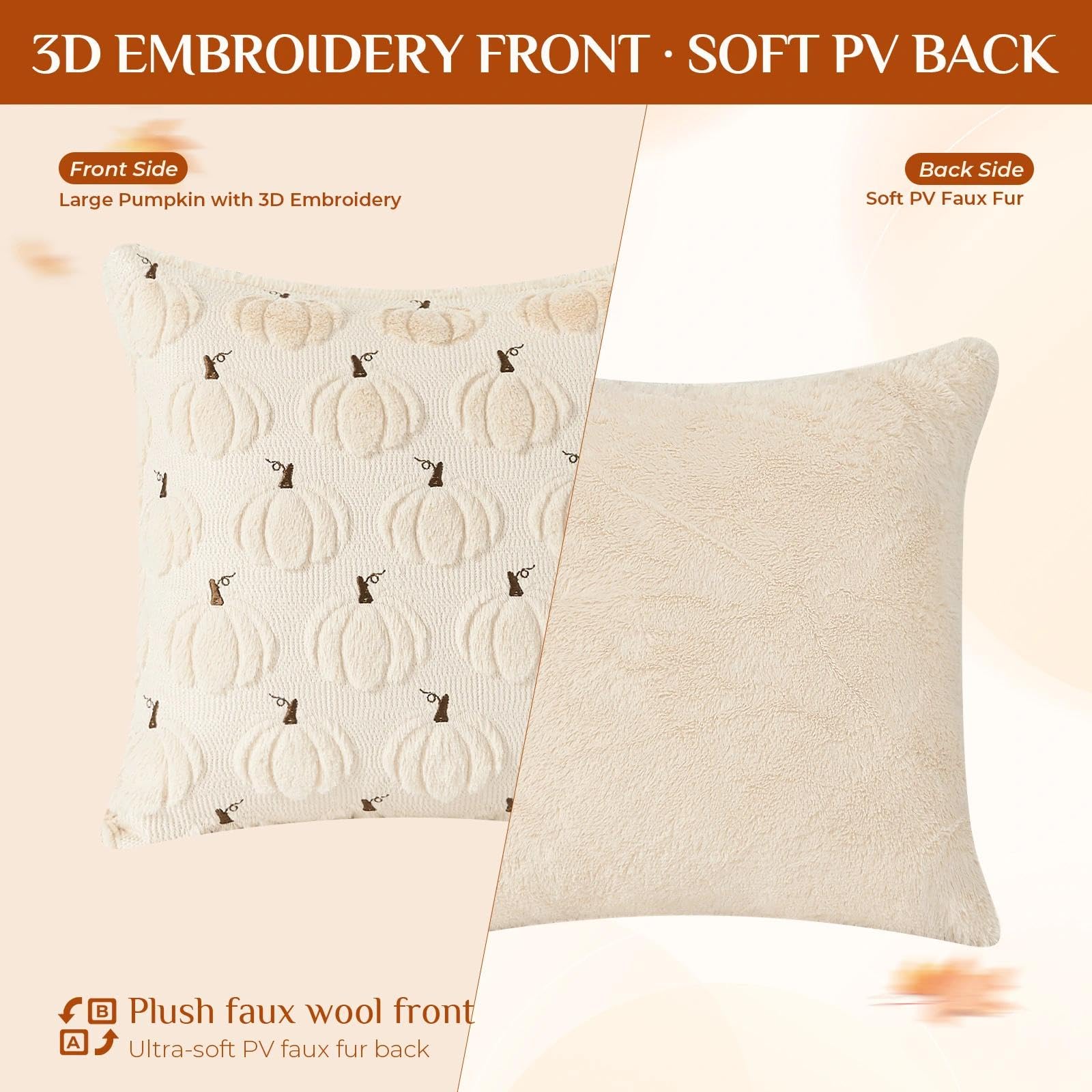 Fall Beige Pillow Covers 18x18 Set of 2 Double-Sided Pumpkin Plush | Boho farmhouse comfort with raised Autumn pumpkin embroidery, designed for living rooms, sofas, and cozy fall home decor.