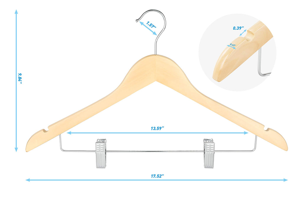 TOPIA HANGER Wooden Suit Hangers with Adjustable Metal Clips (10 Pack), Solid Wood Clothes Hangers, 360° Swivel Hook, Premium Retro Finish Pants Hangers for Clothes Coat, Jeans, Blouse-CT28A