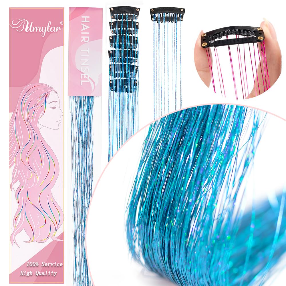 Clip in Hair Tinsel, Pack of 12 Pcs 20 Inch,Glitter Tinsel Hair Extensions, Festival Tinsel Fairy Hair Extension Party Dazzle Hair Accessories Strands Kit for Women Girls(12Pcs,Black#)