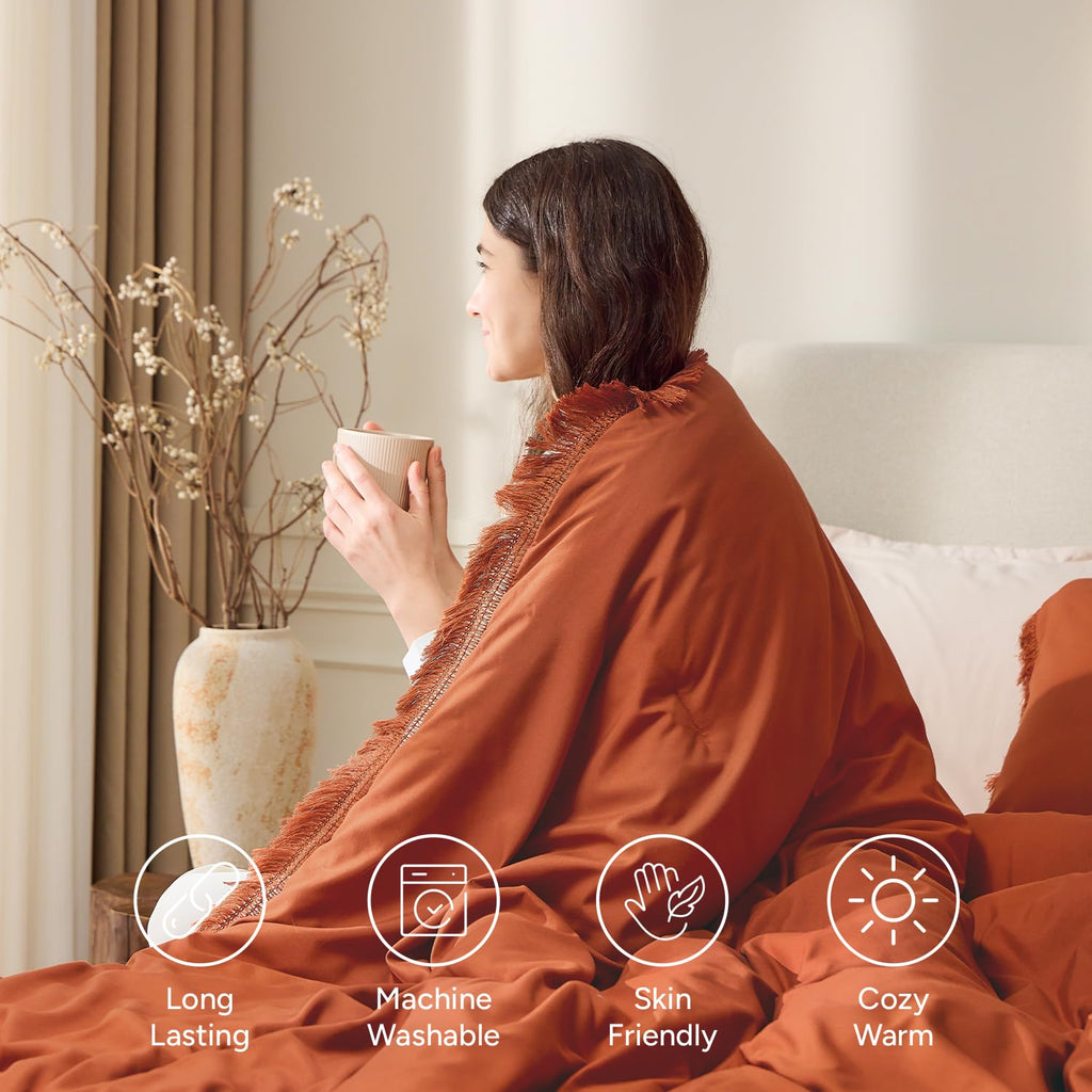 Andency Comforter Full Size Set Burnt Orange, 3 Pieces Boho Terracotta Winter Lightweight Bedding Comforter Sets, All Season Rust Tassel Bed Set (79x90In Comforter & 2 Pillowcases)