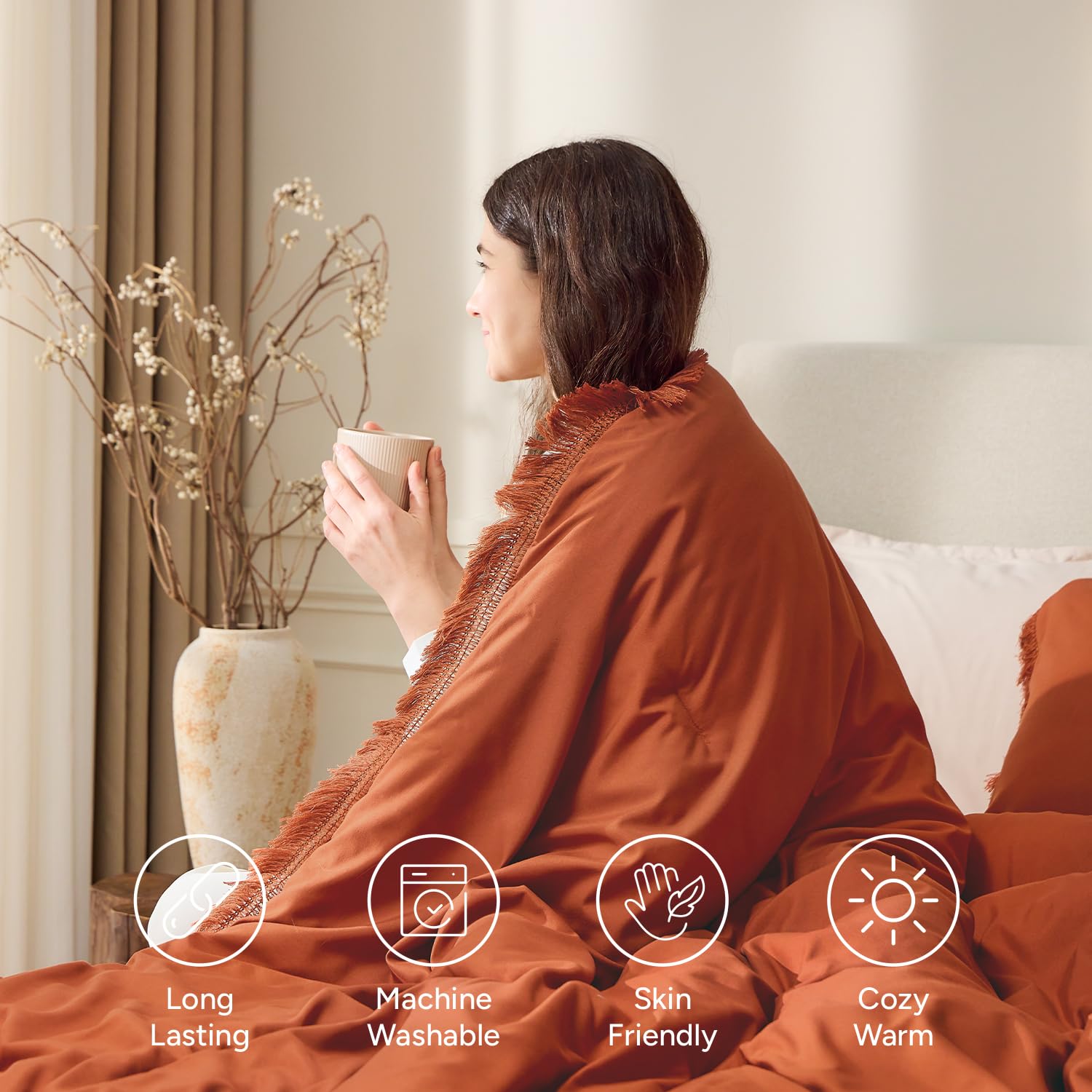 Andency Comforter Full Size Set Burnt Orange, 3 Pieces Boho Terracotta Winter Lightweight Bedding Comforter Sets, All Season Rust Tassel Bed Set (79x90In Comforter & 2 Pillowcases)