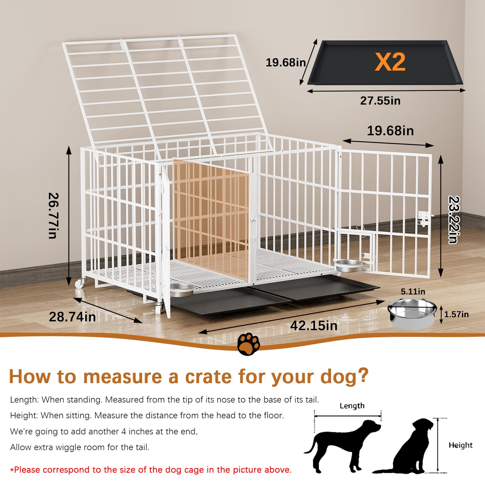 Dosker 42 inch Heavy Duty Metal Dog Crate with Divider for 2 Dogs/Large Dog, All Metal Open Top Escape Proof Cage, Indoor Dog Kennel with Wheels, Floor Grid, Tray, Feeding Bowl