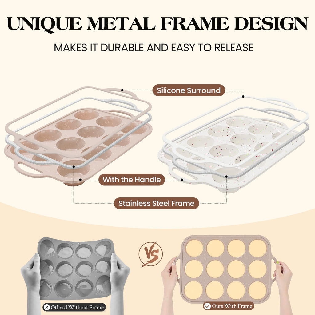 Vinino Silicone Muffin Pans for Baking with Metal Reinforced Frame, 12 Cups Regular Size Nonstick Brown Silicone Cupcake Pan, BPA Free Oven Dishwasher Safe Baking Mold for Muffins Cupcakes