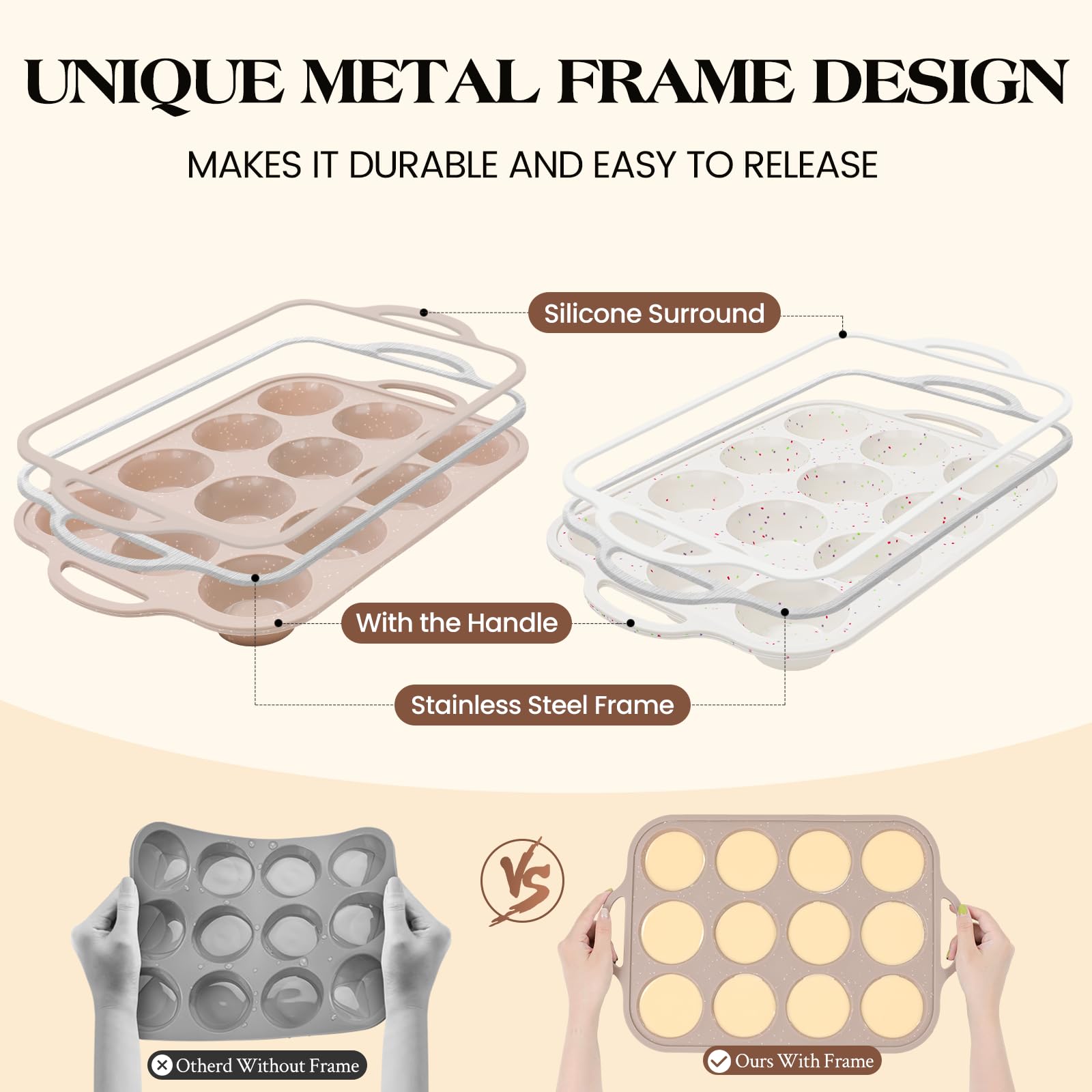 Vinino Silicone Muffin Pans for Baking with Metal Reinforced Frame, 12 Cups Regular Size Nonstick Brown Silicone Cupcake Pan, BPA Free Oven Dishwasher Safe Baking Mold for Muffins Cupcakes