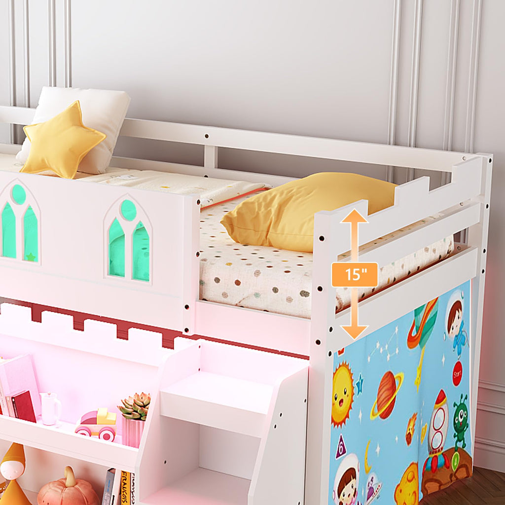 JOYMOR Low Loft Bed Twin Size with LED Lights, 4 Storage Shelves, Removable Curtain, Kids Wood Loft Bed with 15" H Safety Guardrail, Spave Saving, Mattress Not Included (Gray)