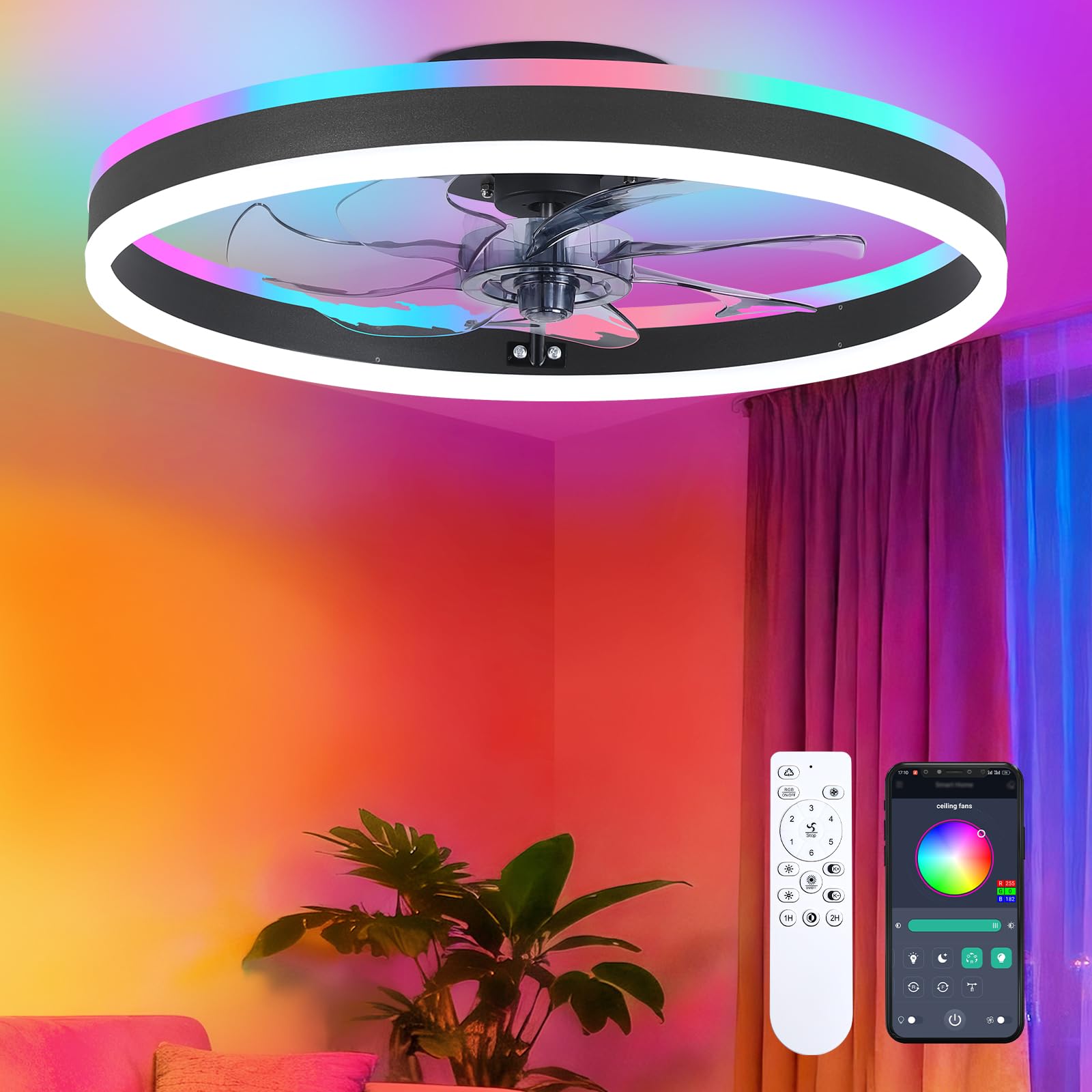 16 Inch RGB Low Profile Ceiling Fans with Lights, Modern Flush Mount Fandelier Chandelier Fixture, Remote & APP Control, Black LED Ceiling Fan Light for Bedroom, Living Room, Kitchen Indoor