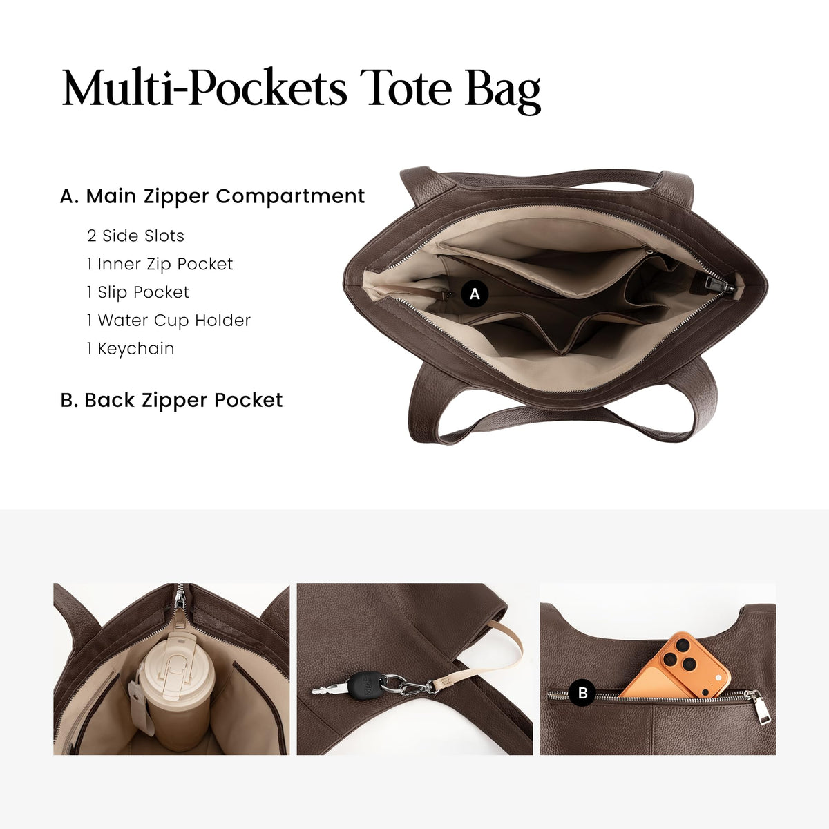 befen Soft Genuine Leather Tote Bag for Women Work with Zipper Slouchy Bags