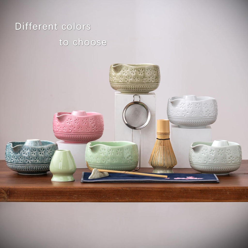 Buucup Matcha Whisk Set, Ceramic Matcha Kit Includes Matcha Bowl, Matcha Whisk and Holder, Bamboo Scoop, Scoop Rest, Sifter and Tea Towel - 7 Pcs Matcha Kit for Matcha Lovers (Blue)