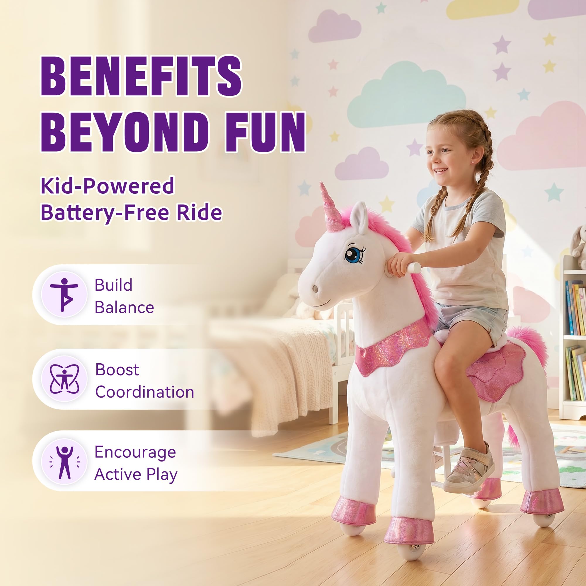 PonyCycle Ride on Toys Riding Black Horse Toys No Battery Required (with Brake/ 30" Height/Size 3) Pony Rider Walking Animals Rocking Horse Ride on Horse for Kids Riding Toys E338