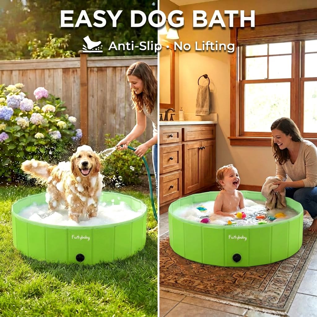 Foldable Dog Pool, Hard Plastic Kiddie Pool for Dogs, Collapsible Dog Pool with Rigid PP Core, Non-Slip PVC, Durable Pet Bath Tub for Indoor/Outdoor Backyard, 32" Green
