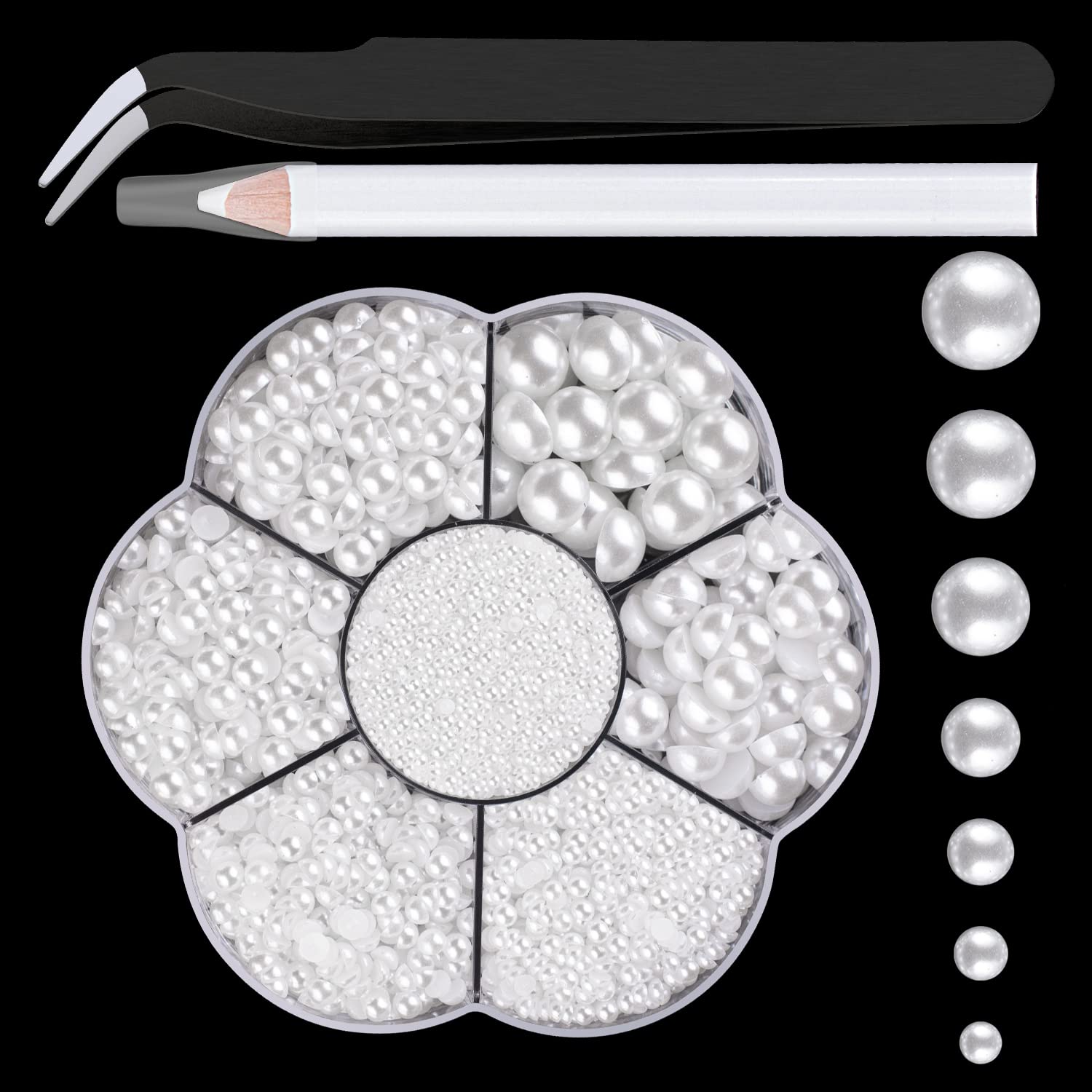 BELLEBOOST 5600pcs ABS Round Flat Back Beige Pearls Kit with Pickup Tools for Nail Art, Face, Body Decorations