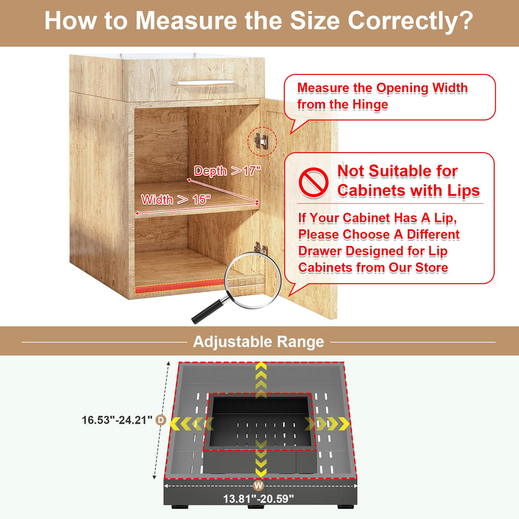 Pull out Cabinet Organizer,Width (11"-16") and Depth (17"-24") Expandable With 3 Rails,No Drill Adjustable Slide out Drawers for Kitchen,Pantry,Adhesive Roll out Shelves,for Cabinets without Lip,Black