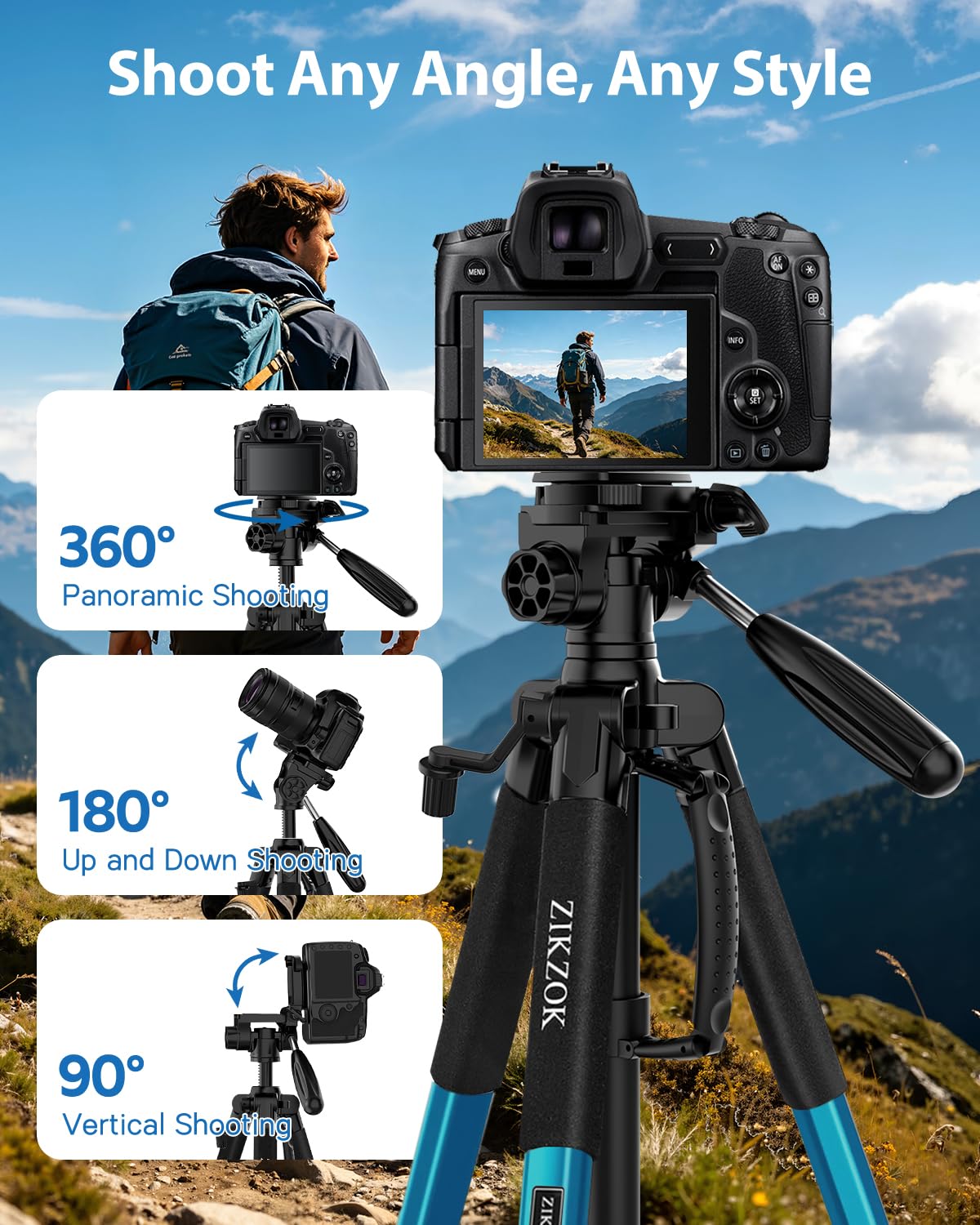 75" Camera Tripod, Aluminum Heavy Duty Camera Stand for ipad Phone, Travel Tripod with/Carry Bag/Phone Tablet Holder, Compatible with Canon Nikon Sony DSLR, Spotting Scopes, Max Load 15 Lb(Black)