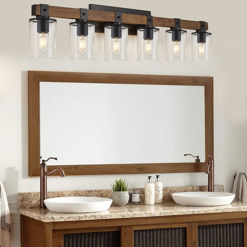 DUJAHMLAND Farmhouse Vanity Light Fixture,3-Light Bathroom Wood Wall Light Over Mirror with Clear Glass Shade, Rustic Vintage Wall Sconce Lighting.(Antique Wood, 3-Light)