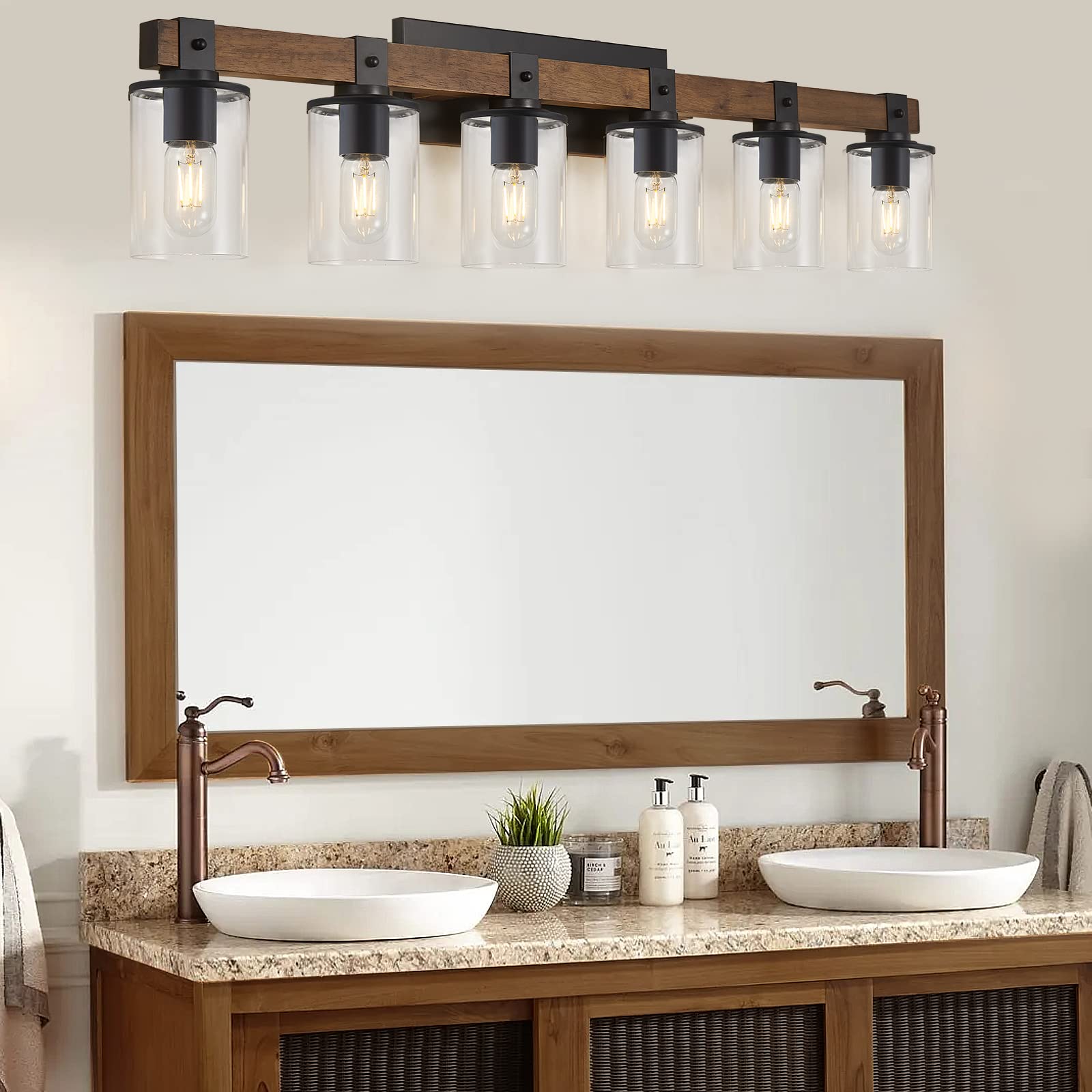 DUJAHMLAND Farmhouse Vanity Light Fixture,3-Light Bathroom Wood Wall Light Over Mirror with Clear Glass Shade, Rustic Vintage Wall Sconce Lighting.(Antique Wood, 3-Light)