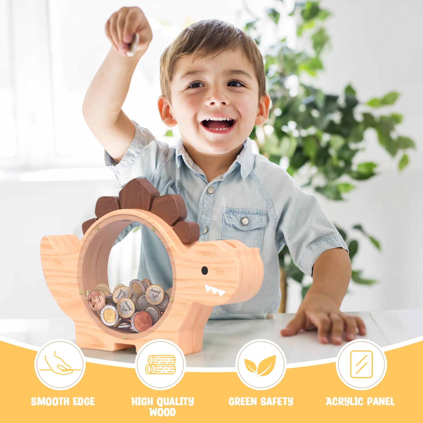 Summidate Wooden Dinosaur Piggy Bank for Kids Boys, Cute Wood Dino Money Bank for Toddlers, Creative Saving Coin Jar, Personalized Present for Child Birthday & Decor (Brachiosaurus, Custom)