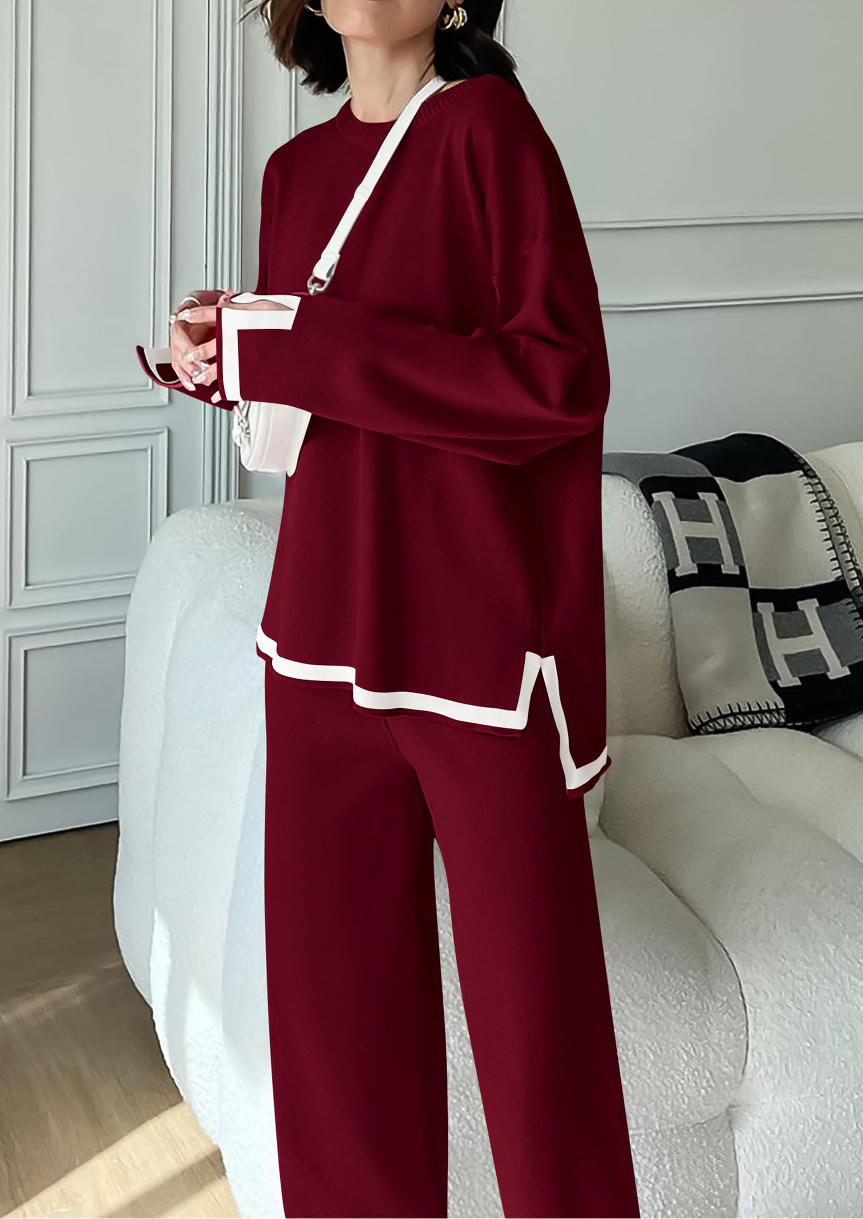 PRETTYGARDEN Women's 2 Piece Knit Sweater Set Travel Outfits | Long Sleeve Tops, Wide Leg Pants, Soft Matching Sweat Track Suits, Casual Fall Winter Clothes for Brunch, Going Out & Cruise