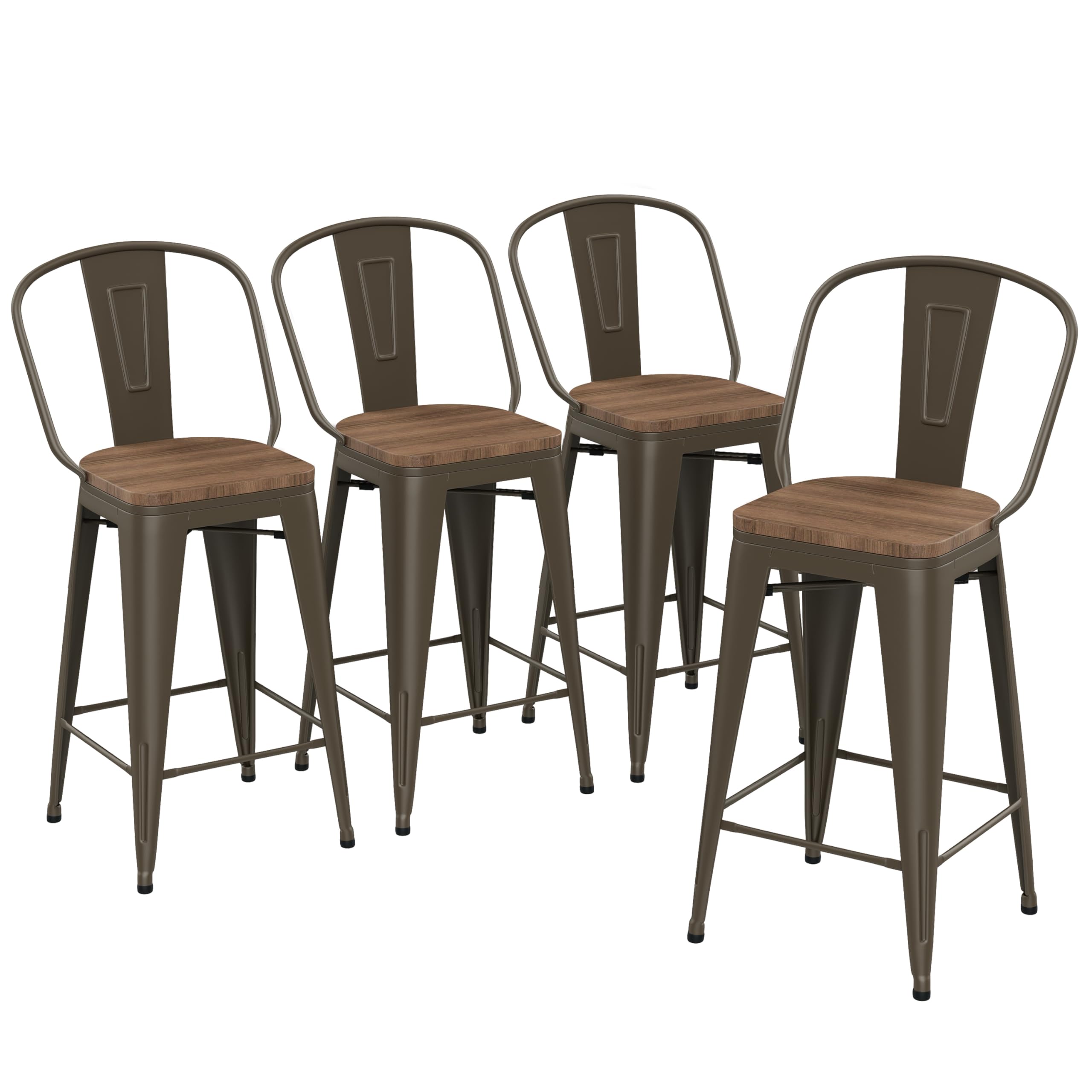 Barstools Set of 4 Counter Height Bar Stools for Kitchen Island Farmhouse Metal High Back Bar Chairs Wooden Seat 24" Matte Black