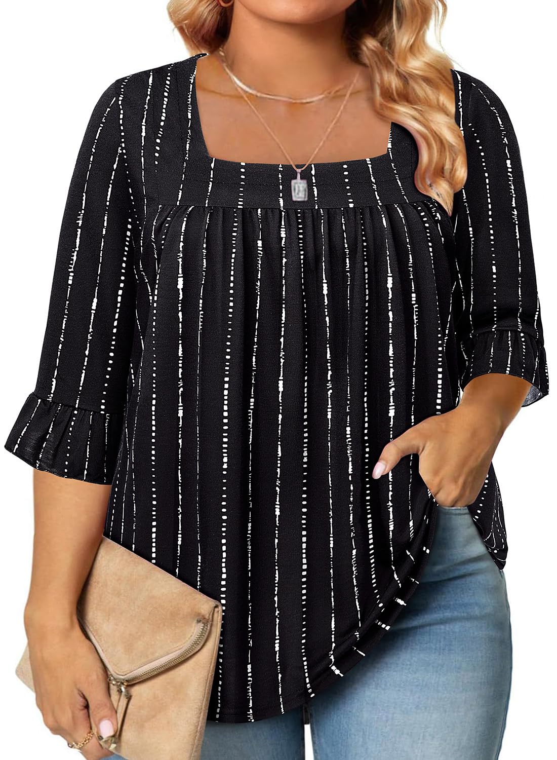 Siddhe Womens Plus Size Tops Loose Fit 3/4 Ruffle Sleeve Blouses Square Neck T Shirt Casual Tunic Tops(1X-5X)