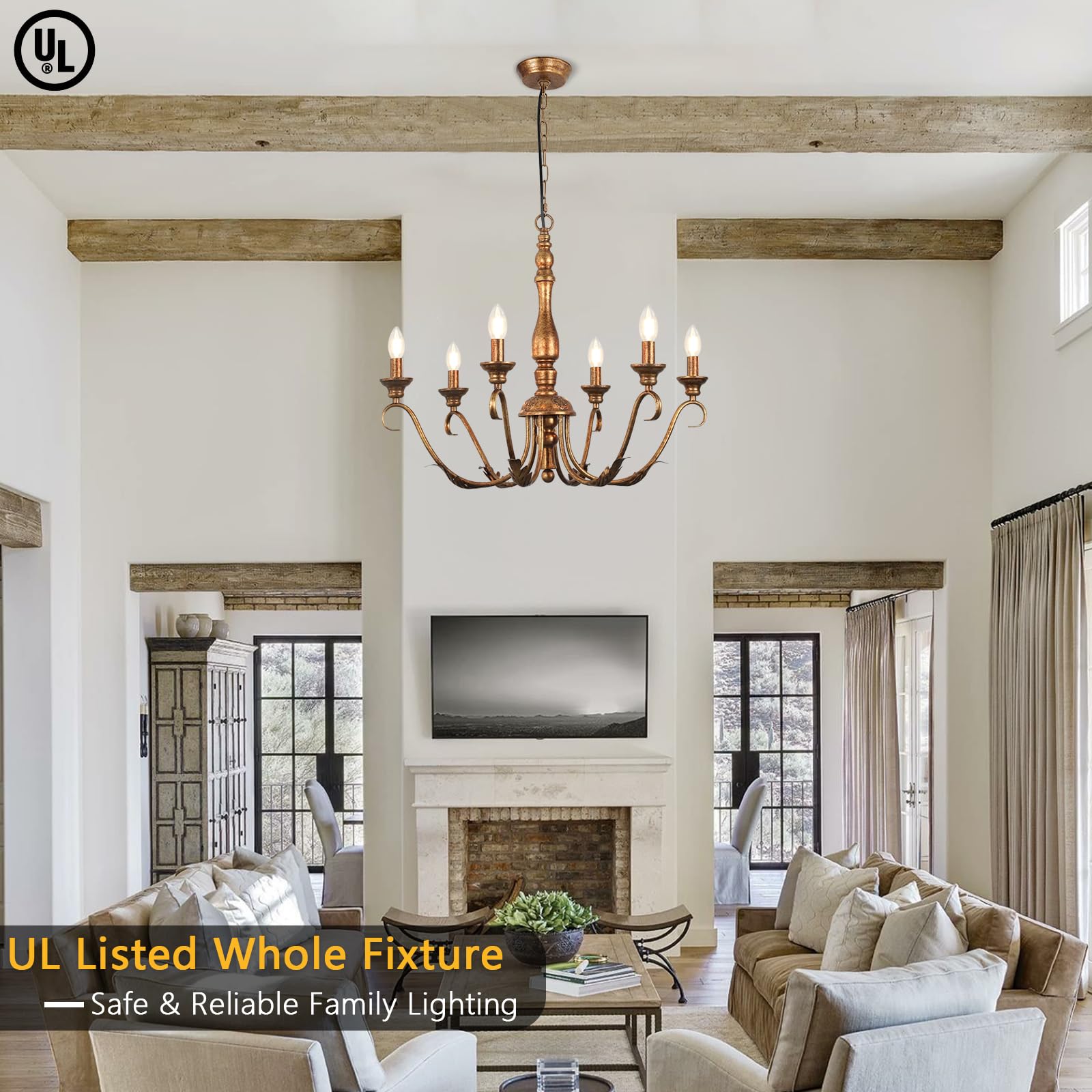 6-Light Farmhouse Chandeliers for Dining Room, 23.62'' Vintage Brass Gold Chandelier, Adjustable Rustic Metal Hanging Pendant Light Fixture for Kitchen Island Entryway Foyer Bedroom Hallway