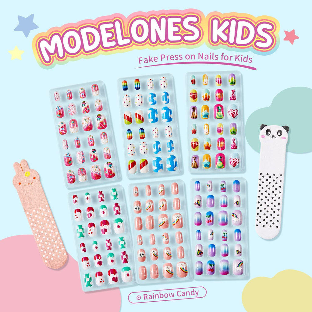 Modelones Press on Nails for Kids 144Pcs 6 Pack Children Acrylic Fake Nails Pre-glue Full Cover Glitter Gradient Color Heart Cat Short False Nail Art Kits Sets Christmas Gifts for Kids Girls