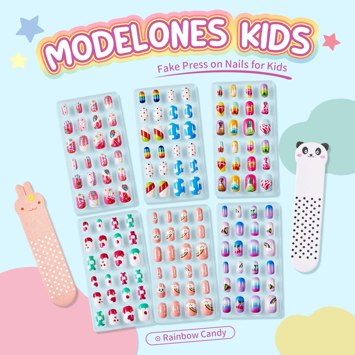 Modelones Press on Nails for Kids 144Pcs 6 Pack Children Acrylic Fake Nails Pre-glue Full Cover Glitter Gradient Color Heart Cat Short False Nail Art Kits Sets Christmas Gifts for Kids Girls