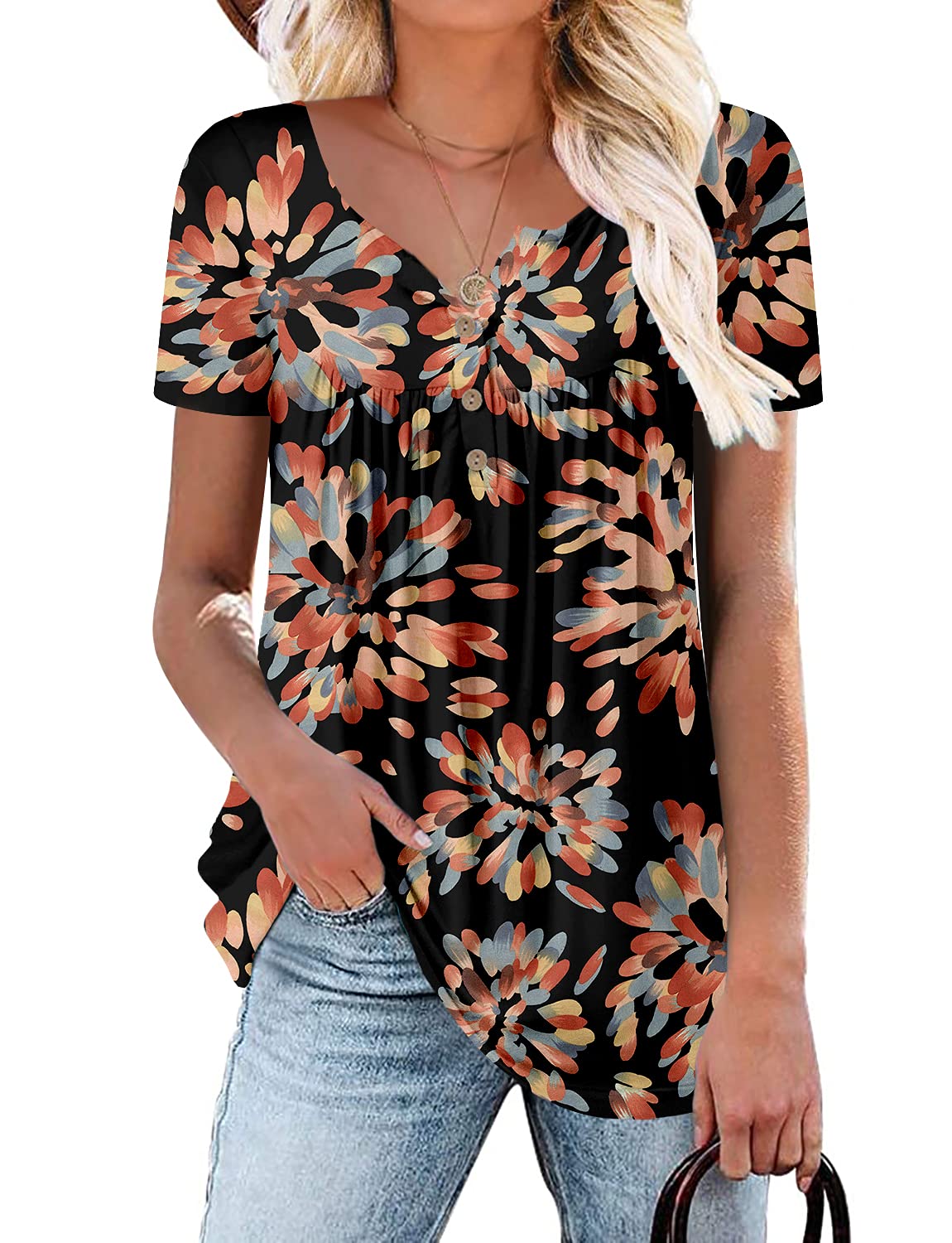Mystry Zone Womens Henley V Neck Casual Blouse Button Down T Shirts Flare and Flowy Tops