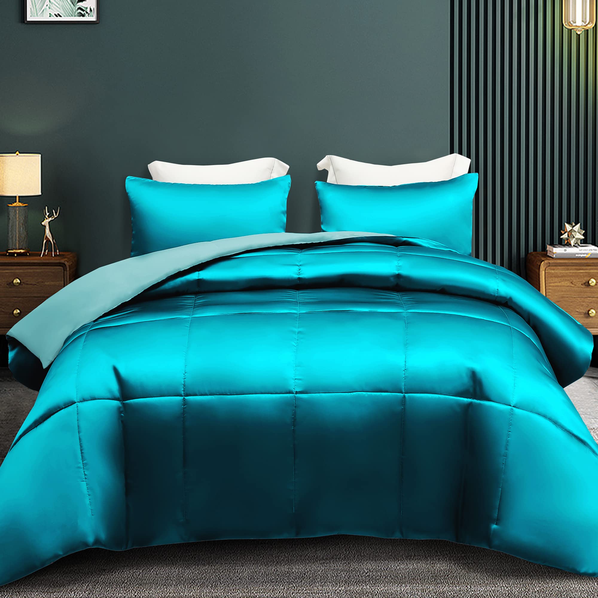 Whale Flotilla 2-Piece Reversible Silky Soft Twin Size Comforter Bedding Set, Luxurious Satin Comforters with Satin Pillowcase, Lightweight Duvet for All Seasons, Black