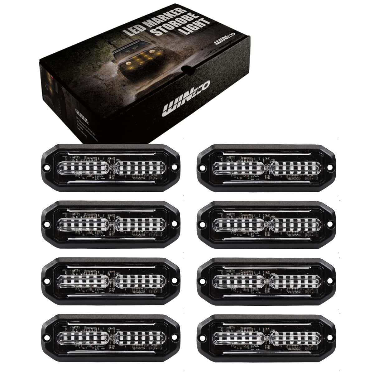 WINECO Amber led strobe lights for trucks 8pcs 12-LED Surface Mount Flashing Strobe Lights kit for Trucks Car Vehicles LED Mini Grille Grill Strobe Light Head Emergency Hazard Warning lights