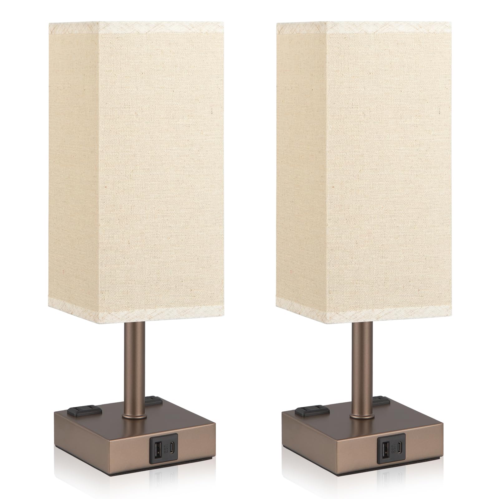 aooshine Set of 2 Touch Nightstand Lamp with USB-C+A Charge Ports& AC Outlets, 3-Way Dimmable Bedside Lamp with White Fabric Shade,Small Table Lamp for Bedroom Guest Room(Bulb Included)
