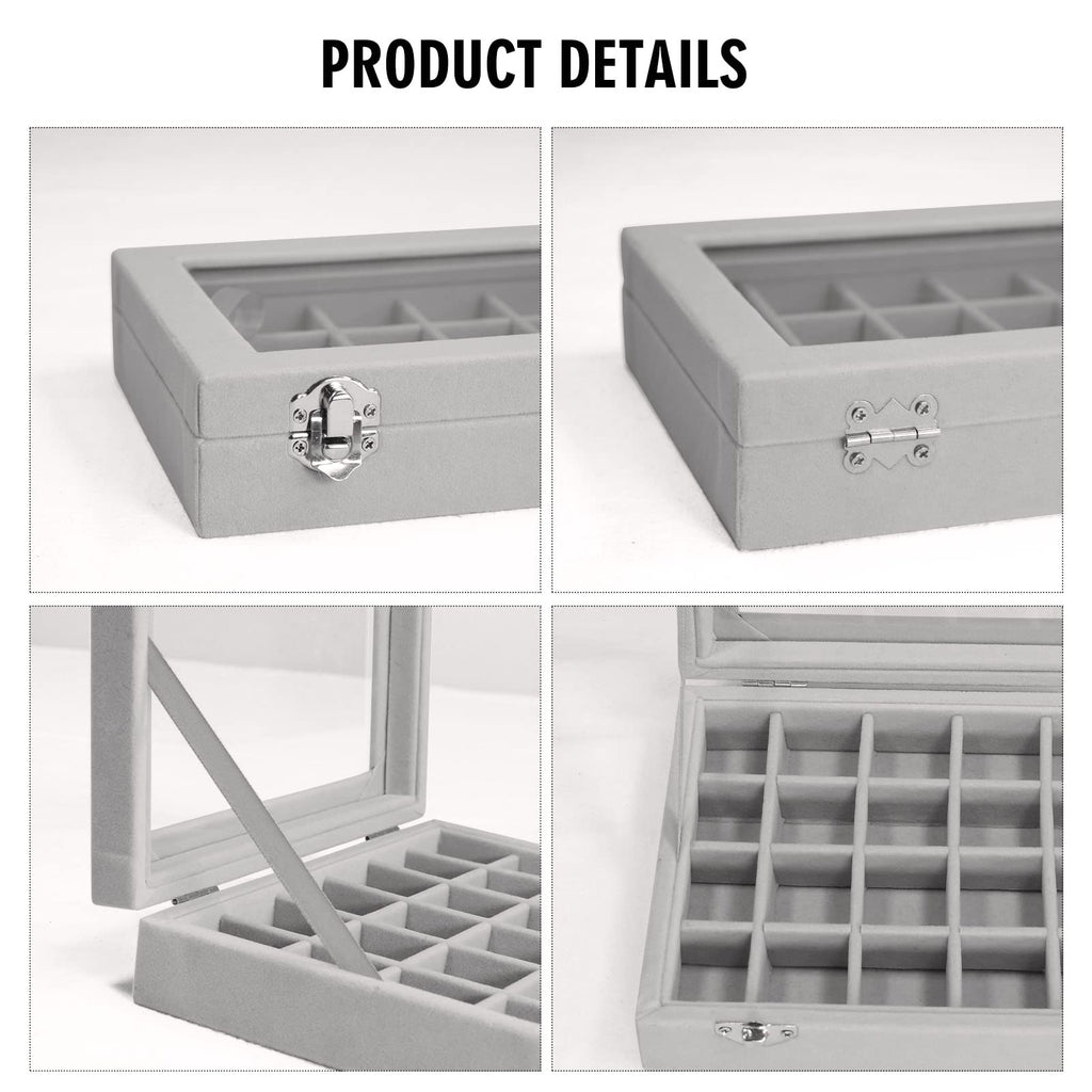 Vicoter Velvet Jewelry Box 24 Grid Jewelry Ring Display Organiser Box Tray Holder Earrings Storage Case for Girls Wife Mom Women (Beige)