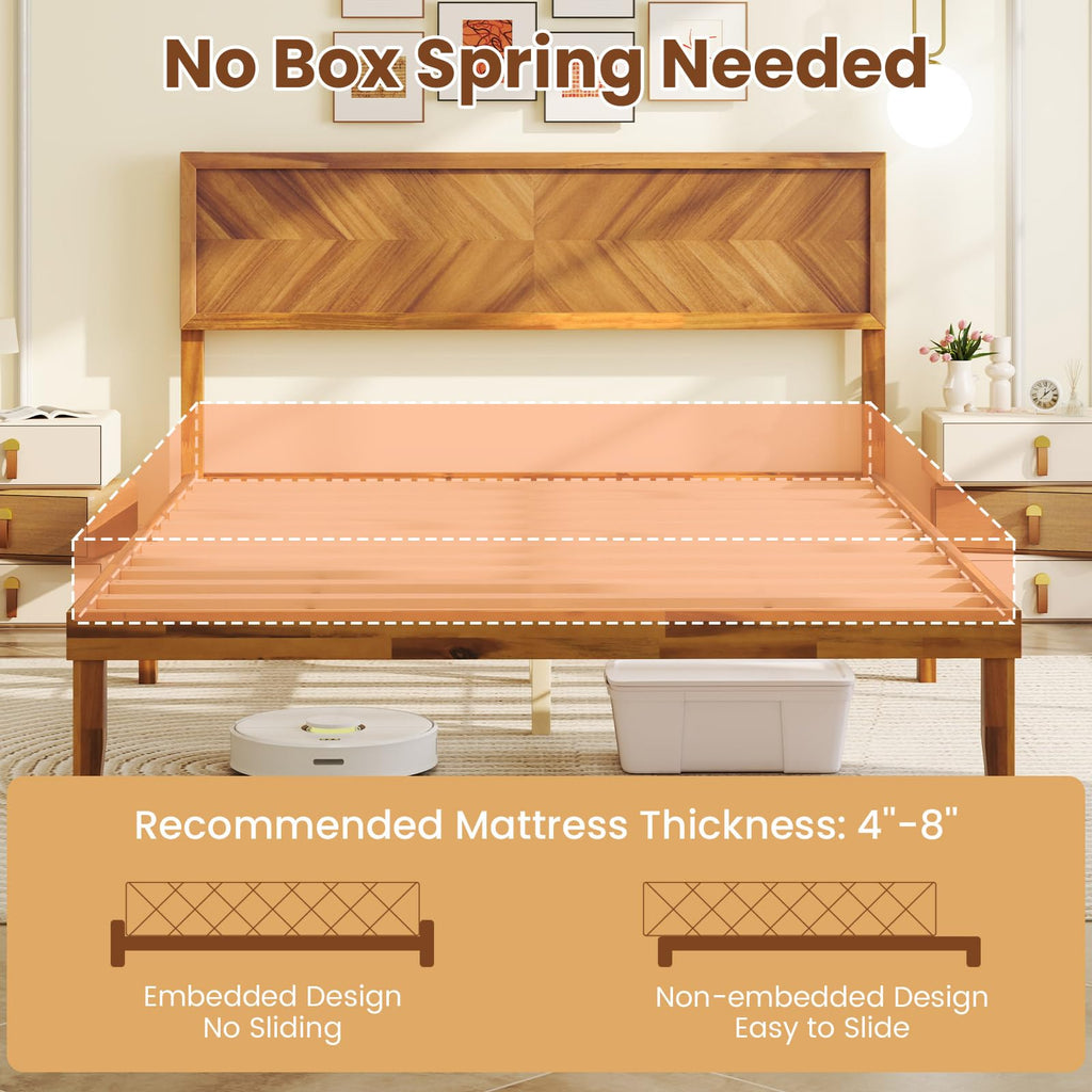 Giantex Wood Twin Bed Frames with Headboard, Solid Acacia Wood Platform Bed with 12 Strong Wooden Slat Support, Scandinavian Style Art Deco Twin Size Bed Frame, No Box Spring Needed, Rustic Brown