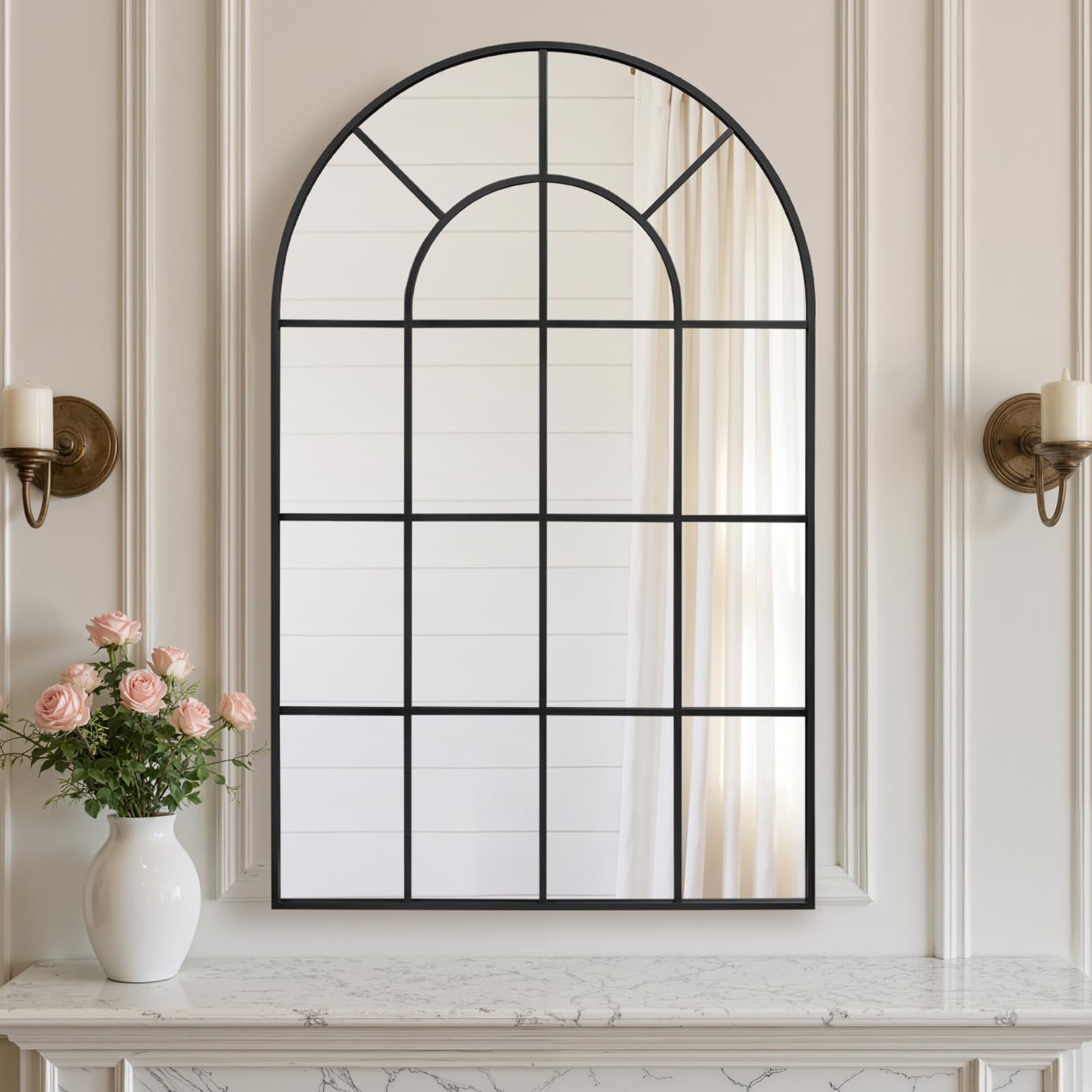 Anpark Arched Windowpane Wall Mirror 24"x36" Black Wall Mounted Art Pane Mirror Farmhouse Decorative Mirror Leaning Hanging Wall Mirror for Bedroom Living Room Entrance Hallway Wall Decor