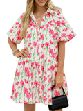 Wenrine Women's Summer Button Down Shirt Dress Floral Puff Short Sleeve Casual Loose Fit Beach Mini Dresses