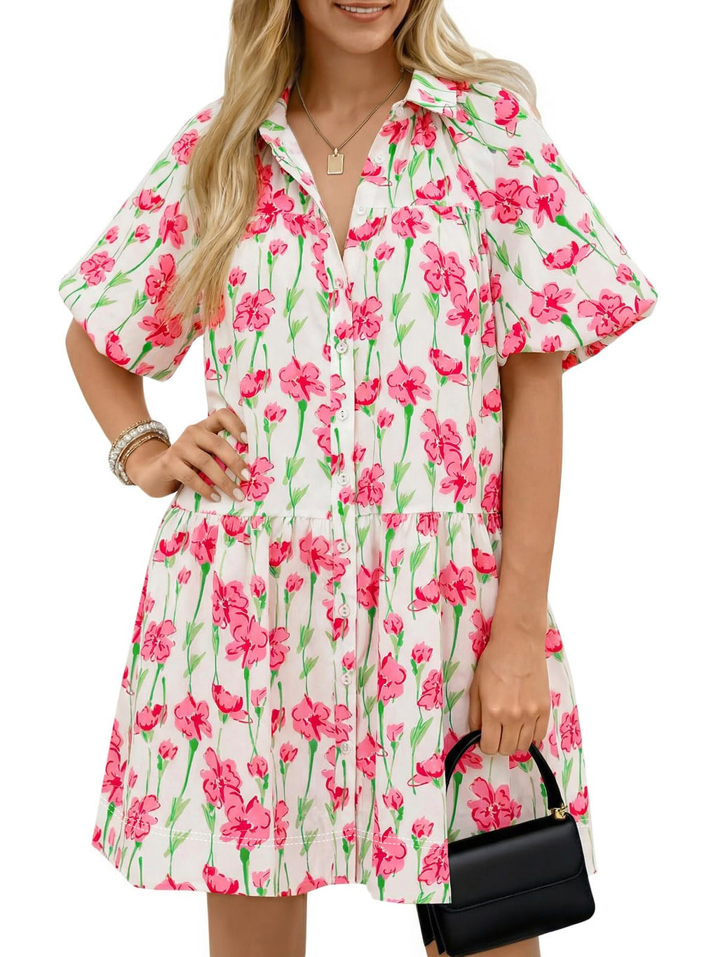 Wenrine Women's Summer Button Down Shirt Dress Floral Puff Short Sleeve Casual Loose Fit Beach Mini Dresses
