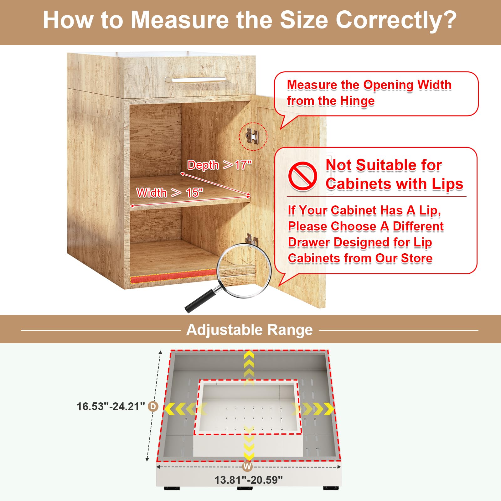 Pull out Cabinet Organizer,Width (11"-16") and Depth (17"-24") Expandable With 3 Rails,No Drill Adjustable Slide out Drawers for Kitchen,Pantry,Adhesive Roll out Shelves,for Cabinets without Lip,Black