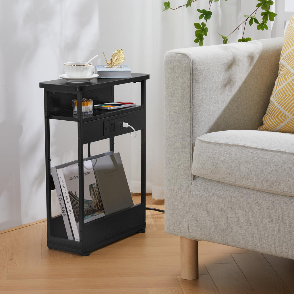 YEAKOO Narrow Side Table with Charging Station, 3-Tier End Table with 2 USB Ports & Power Outlets,Thin Sofa Side Table for Narrow and Small Spaces, Bedside Table Nightstand for Living Room,Black