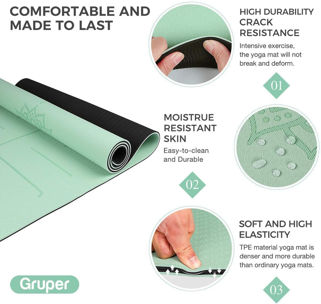 Gruper Yoga Mat Non Slip TPE Extra Wide Yoga Mat with Alignment Mark, 72"L x 32"W x 0.32"/0.24"Th (183cm x 80cm x 8mm/6mm), Anti-Tear Exercise Mat with Carrying Strap and Bag, Workout Mats for Yoga, Pilates