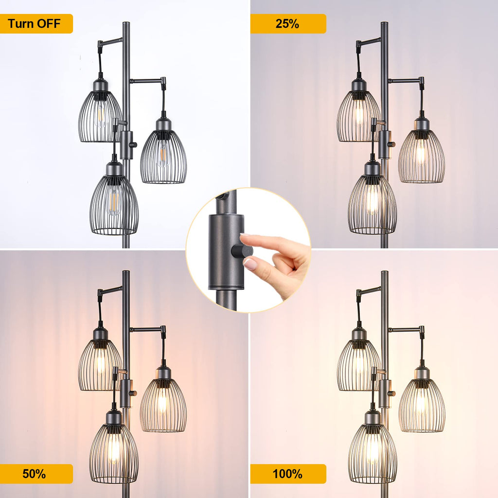 Dimmable Floor Lamp, 3 x 800LM LED Edison Bulbs Included, Farmhouse Industrial Floor Lamp Standing Tree Lamp with Elegant Teardrop Cage Tall Lamps for Living Room Bedroom Office Dining Room-Brass