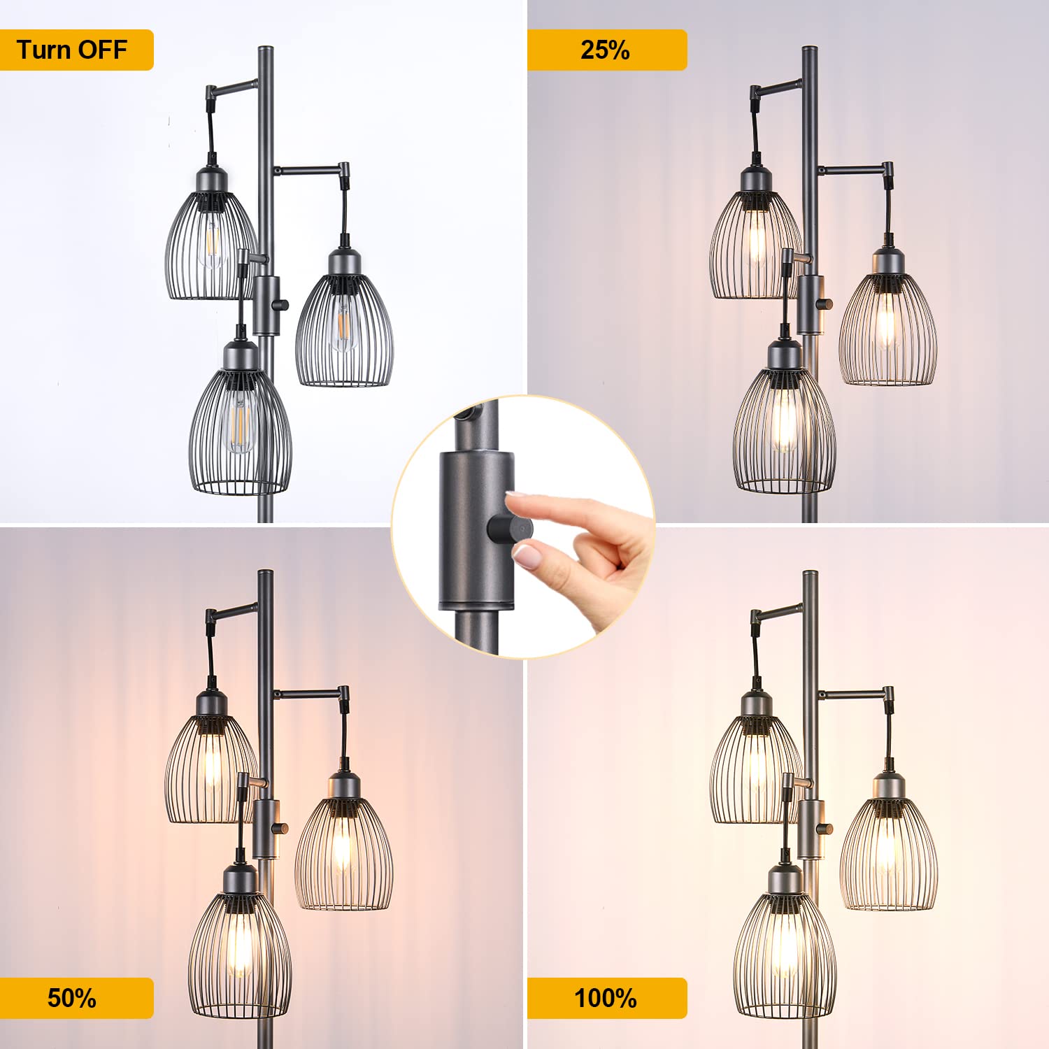 Dimmable Floor Lamp, 3 x 800LM LED Edison Bulbs Included, Farmhouse Industrial Floor Lamp Standing Tree Lamp with Elegant Teardrop Cage Tall Lamps for Living Room Bedroom Office Dining Room-Brass