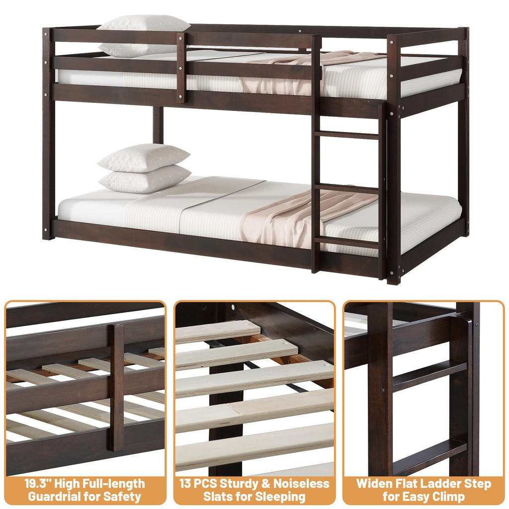 Bunk Bed Twin Over Twin, Wood Low Profile Floor Twin Bunk Beds with Headboard Ladder Guardrails for Kids Boys and Girls, No Box Spring Needed