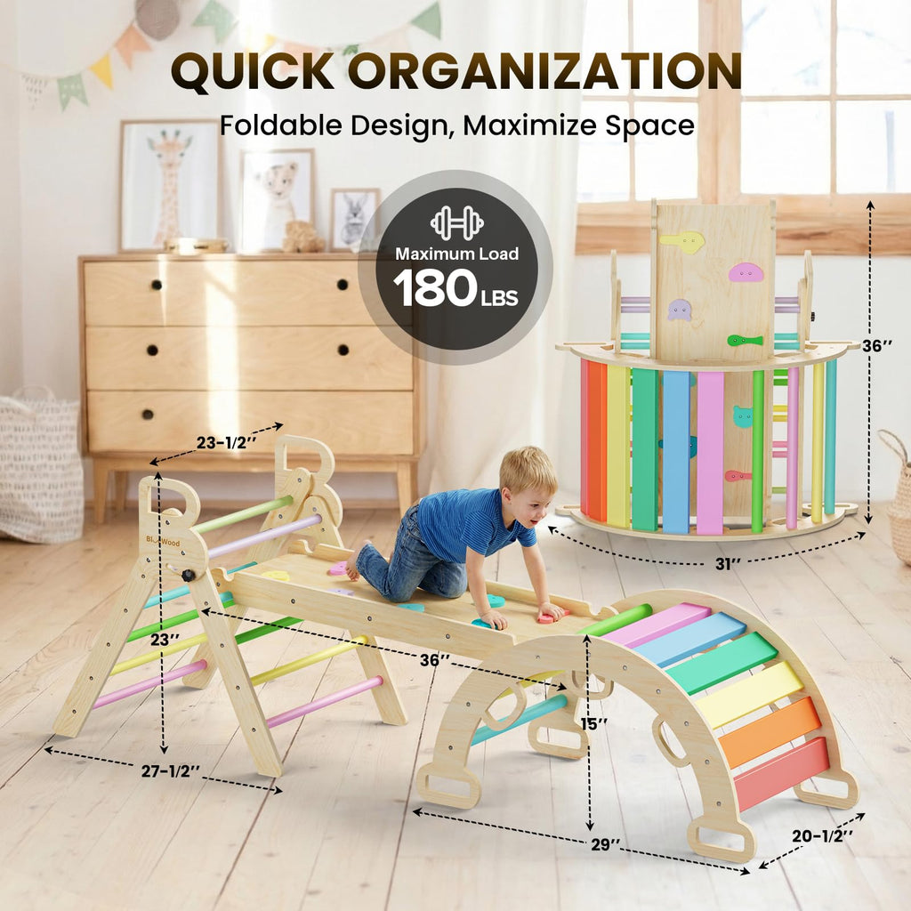 BlueWood Pikler Triangle Set with Safe Handle, Foldable 7-in-1 Montessori Toddler Climbing Toys Indoor, Wooden Pickler Climbing Set, Baby Jungle Gym & Playground, Climbing Toys for 1-3 Year, Colorful
