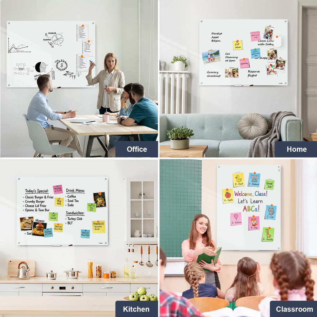 Dry Erase Board Black Magnetic Glass Whiteboard, TANKEE Modern Large Frameless Tempered Glass White Board for Wall, Office, School, Home, 36” x 24”, 3' x 2' White Board