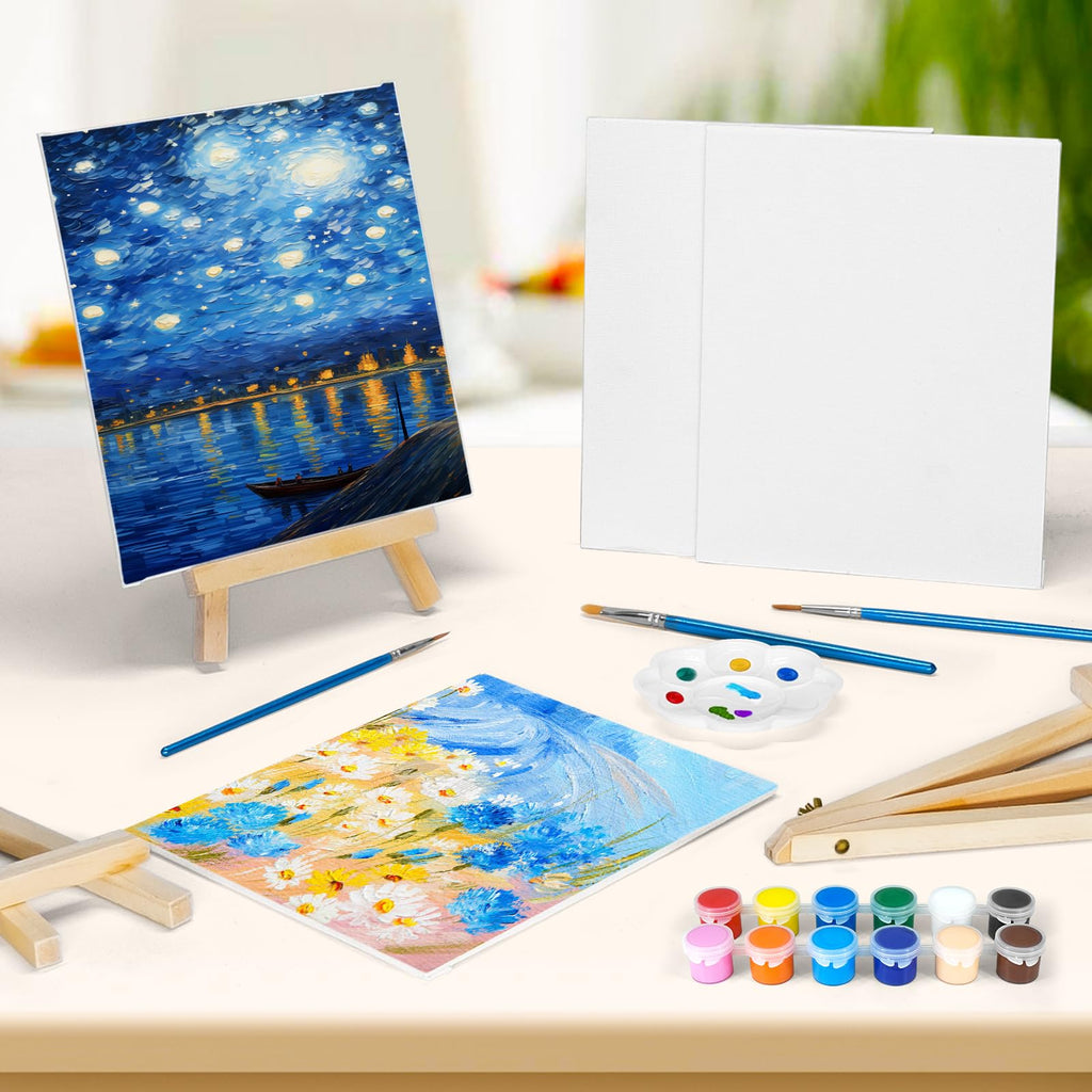 2 Pack 8 * 10In Canvas Boards for Painting, Art Canvas for Drawing with 4 Brushes & 2Paint Trays & 4 Acrylic Paint, Mini Painting Canvas with Easel Set, Painting Kits for Adults Party
