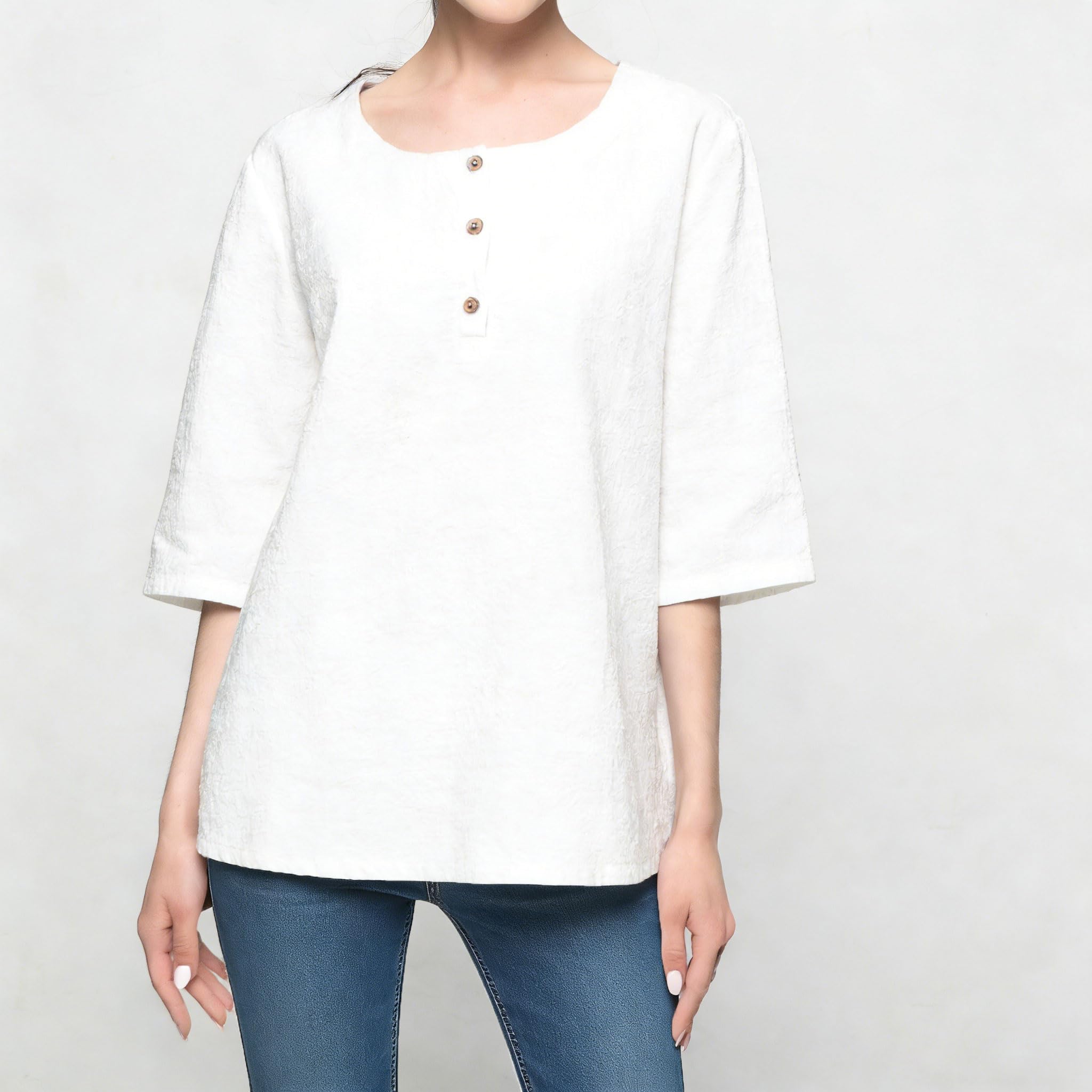 Minibee Women's 3/4 Sleeve Cotton Linen Jacquard Blouses Top T-Shirt