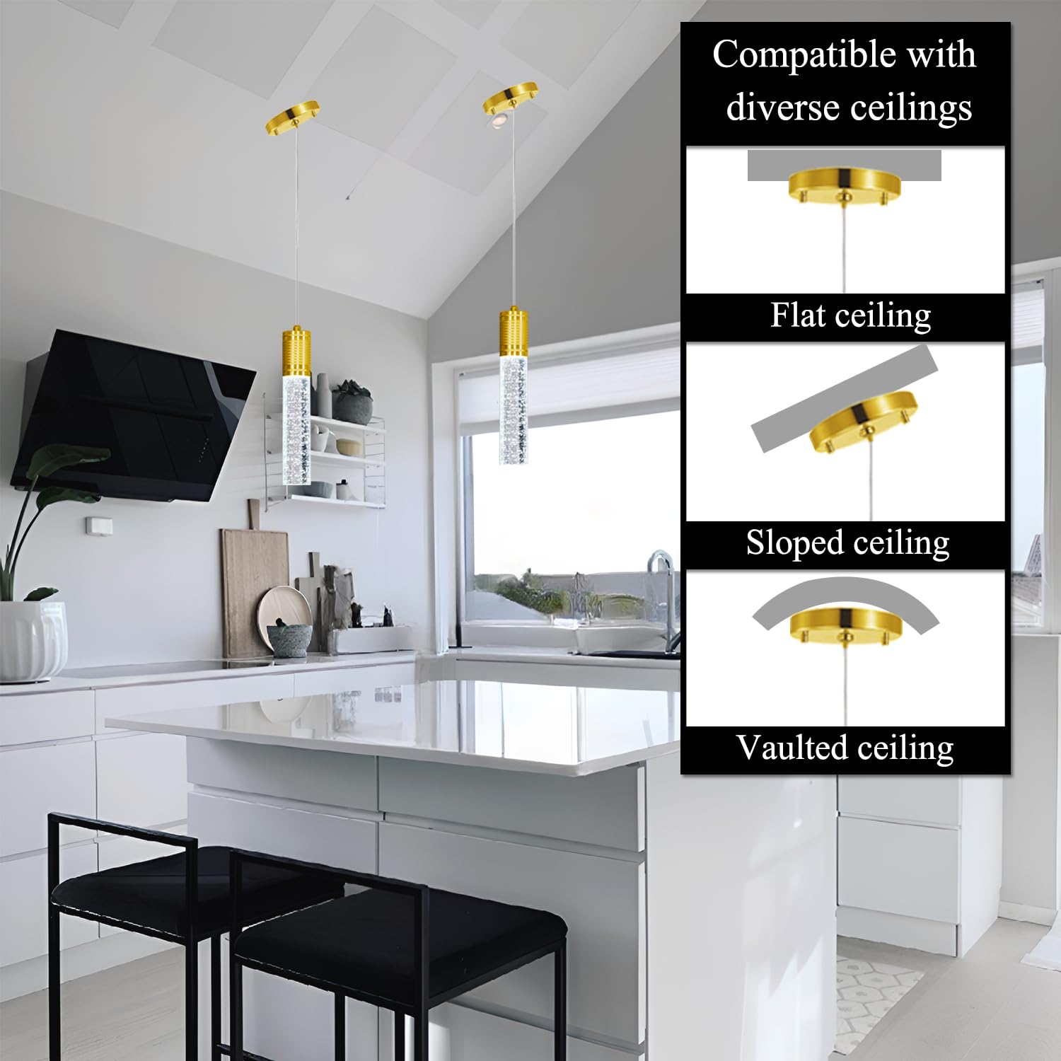 HAIXIANG Modern Kitchen Island Hanging Light Fixtures Crytstal Pendant Lighting for Kitchen Island Chrome Mini Chandelier with 6000K Daylight Bulb